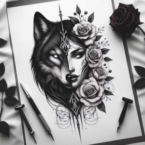 geometric-wolf-tattoo – tattoo design ideas free ai generated – surrealism-chromatic-flux – for-palm – Gallery: wolves-inkby-ai