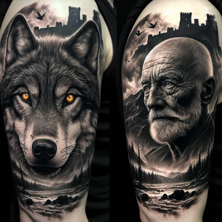 life-motif-wolf-tattoo – tattoo design ideas free ai generated – realism-tonal-depth – for-hand – Gallery: wolves-inkby-ai