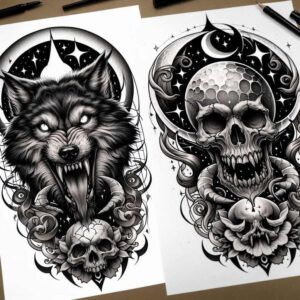 light-effect-wolf-tattoo – tattoo design ideas free ai generated – surrealism-distorted-perspective – for-stomach – Gallery: wolves-inkby-ai