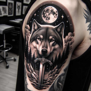 light-effect-wolf-tattoo – tattoo design ideas free ai generated – surrealism-otherworldly – for-shin – Gallery: wolves-inkby-ai