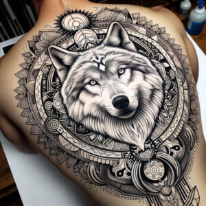 light-effect-wolf-tattoo – tattoo design ideas free ai generated – surrealism-translucent-layers – for-lower-thigh – Gallery: wolves-inkby-ai