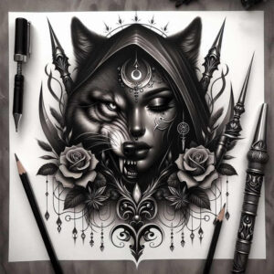 line-wolf-tattoo – tattoo design ideas free ai generated – neotraditional-gradient-fills – for-collarbone – Gallery: wolves-inkby-ai