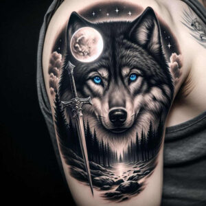 minimalist-wolf-tattoo – tattoo design ideas free ai generated – neotraditional-defined-outlines – for-thigh – Gallery: wolves-inkby-ai