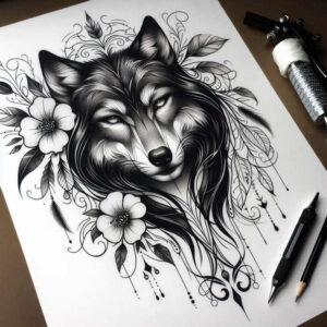 minimalist-wolf-tattoo – tattoo design ideas free ai generated – neotraditional-expressive-color – for-knee – Gallery: wolves-inkby-ai