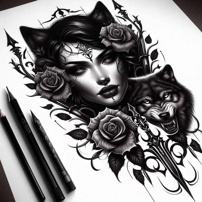 minimalist-wolf-tattoo – tattoo design ideas free ai generated – realism-photographic-quality – for-side-torso – Gallery: wolves-inkby-ai