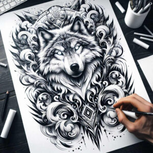moving-wolf-tattoo – tattoo design ideas free ai generated – realism-refined-highlights – for-upper-back – Gallery: wolves-inkby-ai
