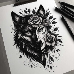 mystery-motif-wolf-tattoo – tattoo design ideas free ai generated – neotraditional-color-overlays – for-full-back – Gallery: wolves-inkby-ai