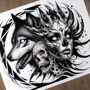 mystery-motif-wolf-tattoo – tattoo design ideas free ai generated – surrealism-dreamscape – for-inner-arm – Gallery: wolves-inkby-ai