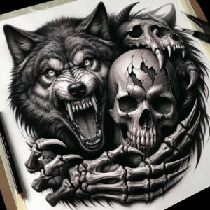 mystical-wolf-tattoo – tattoo design ideas free ai generated – neotraditional-bold-color – for-upper-thigh – Gallery: wolves-inkby-ai