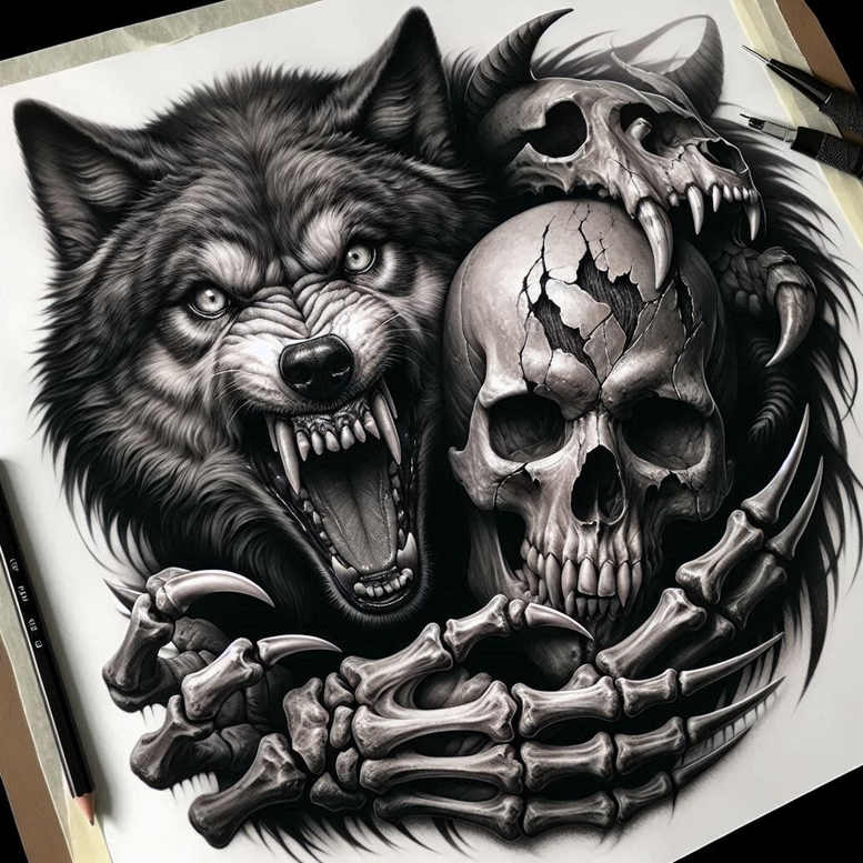 mystical-wolf-tattoo – tattoo design ideas free ai generated – neotraditional-bold-color – for-upper-thigh – Gallery: wolves-inkby-ai