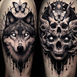 natural-look-wolf-tattoo – tattoo design ideas free ai generated – surrealism-ethereal-glow – for-nape – Gallery: wolves-inkby-ai