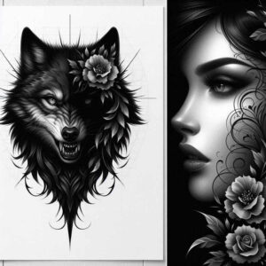 nature-motif-wolf-tattoo – tattoo design ideas free ai generated – neotraditional-dynamic-color – for-sternum – Gallery: wolves-inkby-ai