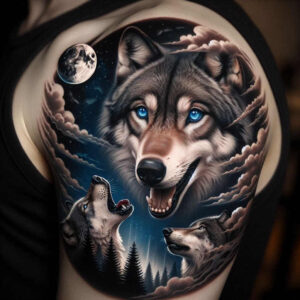 ornament-wolf-tattoo – tattoo design ideas free ai generated – realism-real-life-shading – for-back-shoulder – Gallery: wolves-inkby-ai