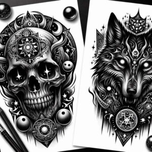 ornament-wolf-tattoo – tattoo design ideas free ai generated – surrealism-fantastical – for-collarbone – Gallery: wolves-inkby-ai