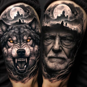 ornamental-detail-wolf-tattoo – tattoo design ideas free ai generated – realism-anatomical-accuracy – for-side-torso – Gallery: wolves-inkby-ai