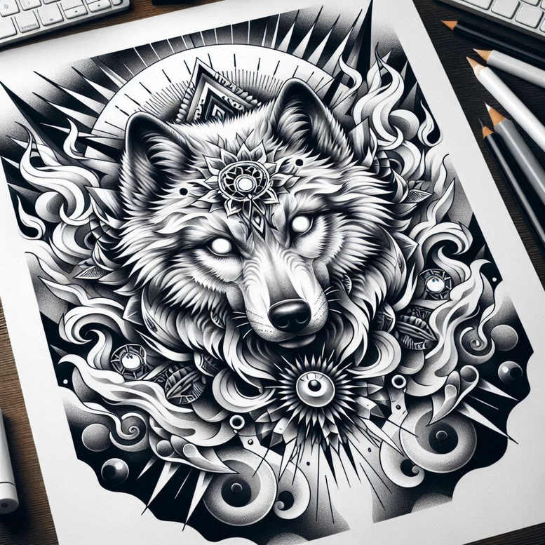 ornamental-wolf-tattoo – tattoo design ideas free ai generated – neotraditional-classic-composition – for-lower-arm – Gallery: wolves-inkby-ai