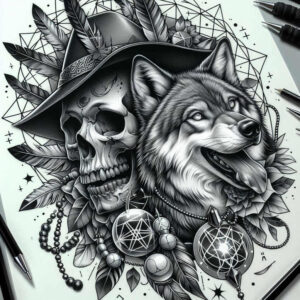 ornamental-wolf-tattoo – tattoo design ideas free ai generated – realism-ink-layering – for-lower-arm – Gallery: wolves-inkby-ai