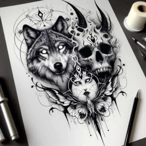 plant-ornament-wolf-tattoo – tattoo design ideas free ai generated – realism-realistic – for-upper-arm – Gallery: wolves-inkby-ai