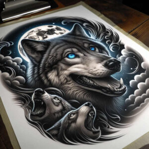 power-symbol-wolf-tattoo – tattoo design ideas free ai generated – neotraditional-bold-texture – for-back-of-neck – Gallery: wolves-inkby-ai