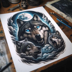 shaded-wolf-tattoo – tattoo design ideas free ai generated – neotraditional-layered-inks – for-spine – Gallery: wolves-inkby-ai