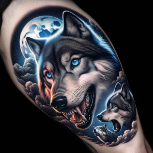 shaded-wolf-tattoo – tattoo design ideas free ai generated – realism-balanced-light – for-thigh – Gallery: wolves-inkby-ai