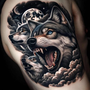 shaded-wolf-tattoo – tattoo design ideas free ai generated – realism-refined-contrast – for-shoulder-blade – Gallery: wolves-inkby-ai