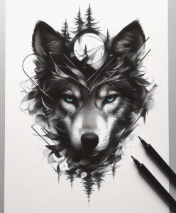 shadow-and-light-wolf-tattoo – tattoo design ideas free ai generated – neotraditional-modern-classic – for-lower-back – Gallery: wolves-inkby-ai