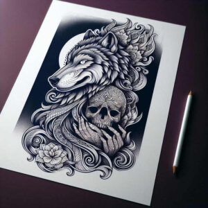 shadow-and-light-wolf-tattoo – tattoo design ideas free ai generated – neotraditional-soft-shadows – for-scapula – Gallery: wolves-inkby-ai