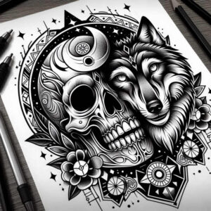 shadow-wolf-tattoo – tattoo design ideas free ai generated – realism-gentle-shadow – for-lower-thigh – Gallery: wolves-inkby-ai
