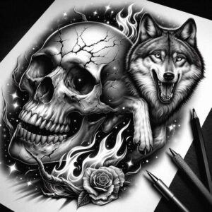 shadow-wolf-tattoo – tattoo design ideas free ai generated – surrealism-ethereal-textures – for-upper-shoulder – Gallery: wolves-inkby-ai