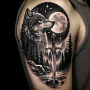 spiritual-motif-wolf-tattoo – tattoo design ideas free ai generated – realism-light-and-shadow-play – for-ribs – Gallery: wolves-inkby-ai