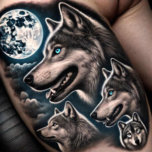 spiritual-motif-wolf-tattoo – tattoo design ideas free ai generated – surrealism-fluid-forms – for-upper-thigh – Gallery: wolves-inkby-ai
