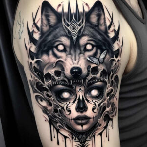 spiritual-wolf-tattoo-for-men – tattoo design ideas free ai generated – realism-natural-contours – for-arm – Gallery: wolves-inkby-ai