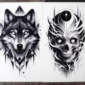 strength-motif-wolf-tattoo – tattoo design ideas free ai generated – realism-photorealistic-drawing – for-spine – Gallery: wolves-inkby-ai