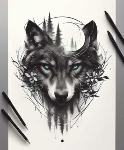 strength-motif-wolf-tattoo – tattoo design ideas free ai generated – surrealism-psychic-energy – for-calf – Gallery: wolves-inkby-ai