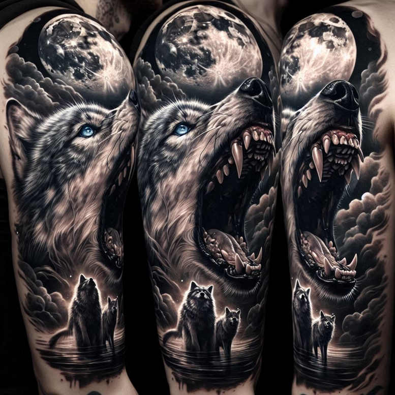 wolves tattoo design ideas Realism realistic color hunting presence for collarbone