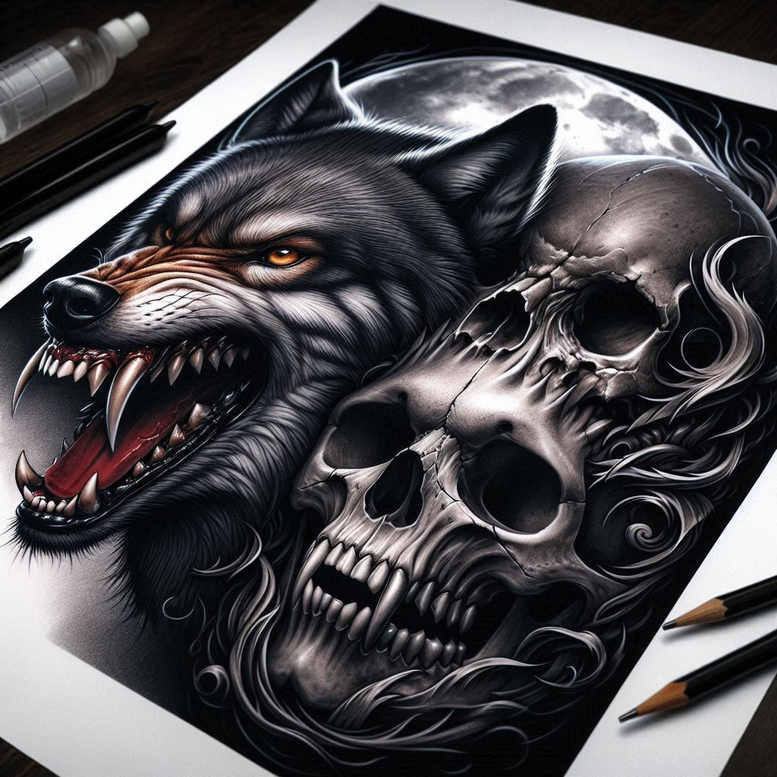 wolves tattoo design ideas Surrealism blurred edges moon howler for inner arm