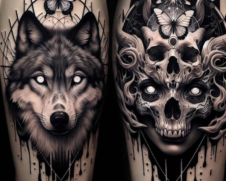 Wolf, butterfly, and skull tattoo on legs in black and grey; a project concept with bold geometric lines, cover-up suitable.