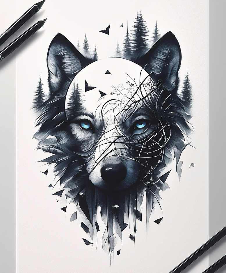 wolves tattoo design ideas Surrealism vibrant contrasts moonlit watcher for wrist side