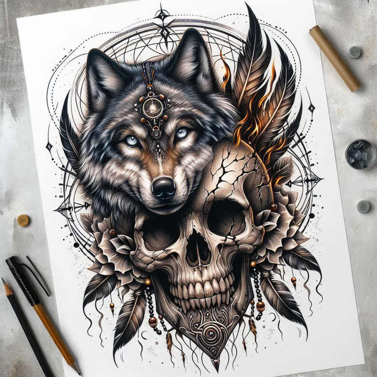 wolves tattoo design ideas Surrealism dreamscape shadow runner embodying strength