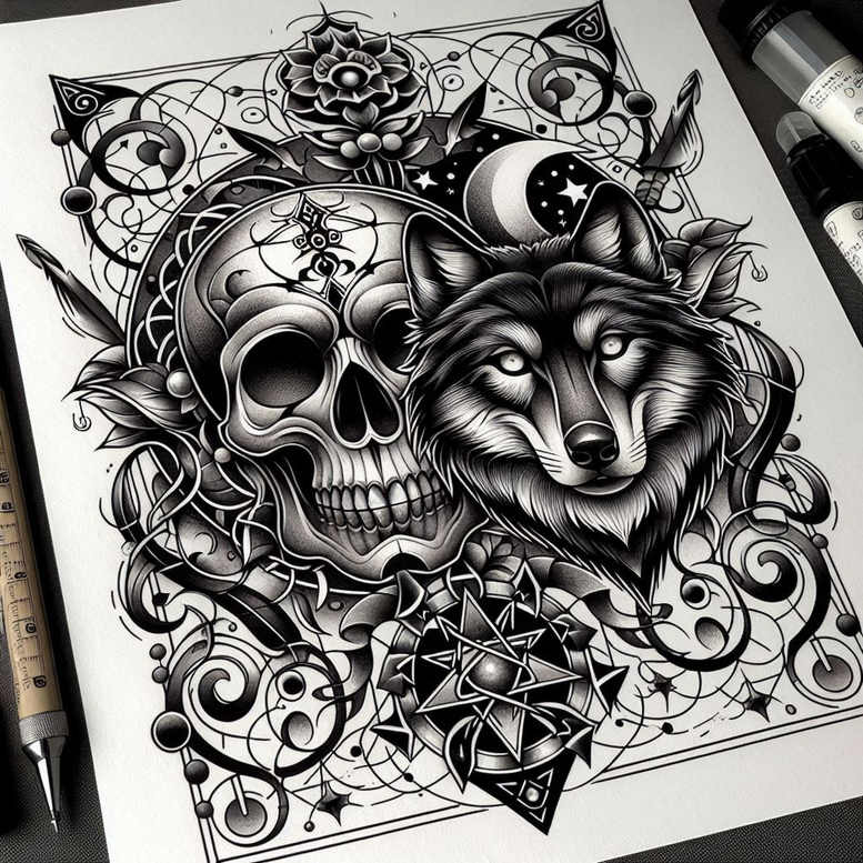 wolves tattoo design ideas Realism studio quality shadow runner for fingers