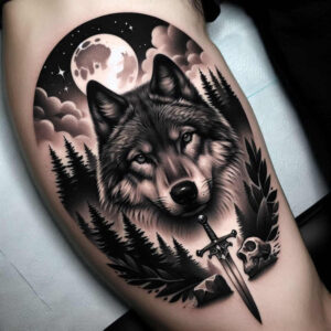 wolves tattoo design ideas Surrealism enigmatic visuals silent predator for upper thigh
