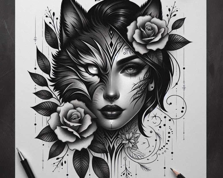 Black and grey tattoo design of a female face merged with a wolf, surrounded by roses and leaves; a cover-up project.