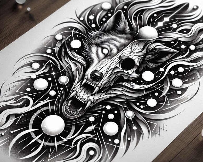 Black and grey wolf head with geometric circles, lines, and dot motifs on a white sheet; AI-generated tattoo project; ideal for a cover-up.