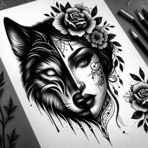 wolf-tattoo – tattoo design ideas free ai generated – neotraditional-bold-texture – for-chest – Gallery: wolves-inkby-ai
