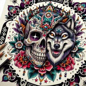 wolf-tattoo – tattoo design ideas free ai generated – neotraditional-decorative-elements – for-lower-leg – Gallery: wolves-inkby-ai