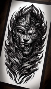 Left: armored helmet; right: roaring lion; black and grey tattoo design with flames and intricate line work; project idea, cover-up suitable.
