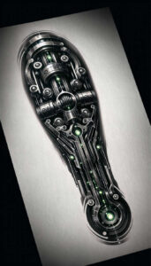 biomechanics tattoo design ideas contrasting colors detailed textures represents strength