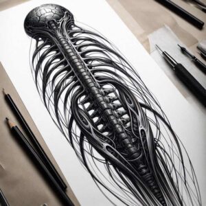 biomechanics tattoo design ideas Surrealism fantastical force vectors stands for determination
