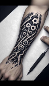 biomechanics tattoo design ideas enhanced color kinetic flow symbolising courage